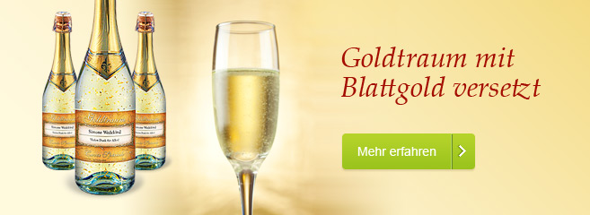 Die Goldtraum® Flasche in 22-karätigem Blattgold veredelt und mit individuellem Etikett.